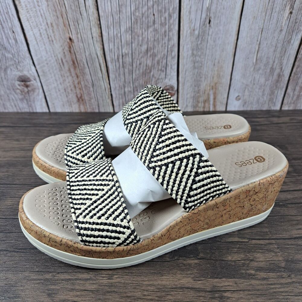 Bzees For Lifestride Resort Raffia Wedge Sandals Women's Sz 7.5 W Black Multi